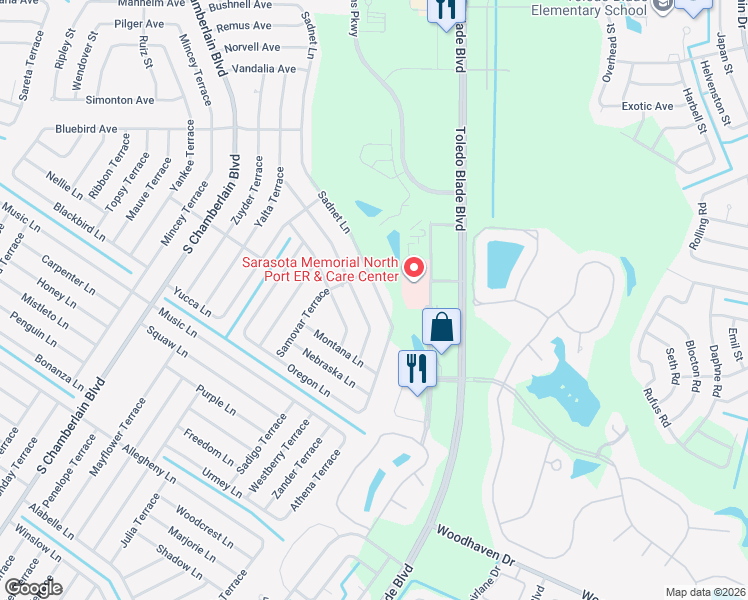 map of restaurants, bars, coffee shops, grocery stores, and more near 2479 Sadnet Lane in North Port