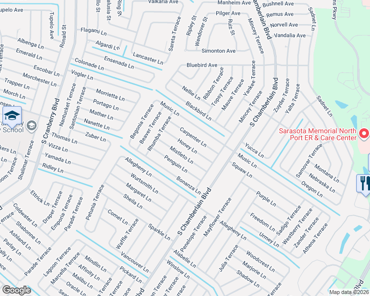 map of restaurants, bars, coffee shops, grocery stores, and more near 2295 Honey Lane in North Port