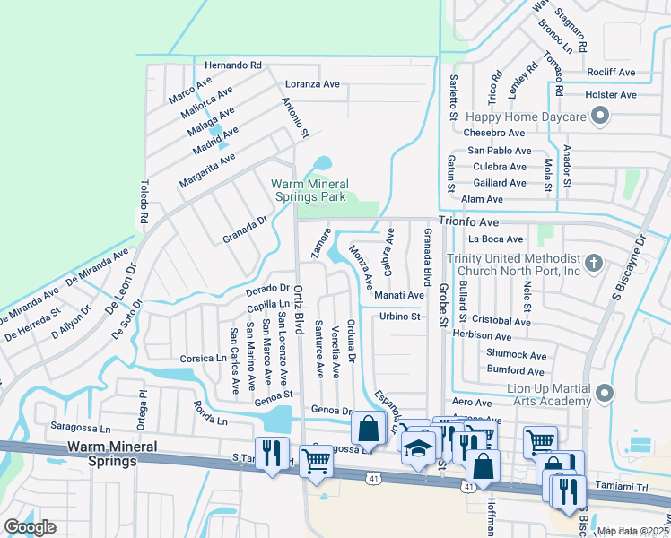 map of restaurants, bars, coffee shops, grocery stores, and more near 12206 Liguria Avenue in North Port