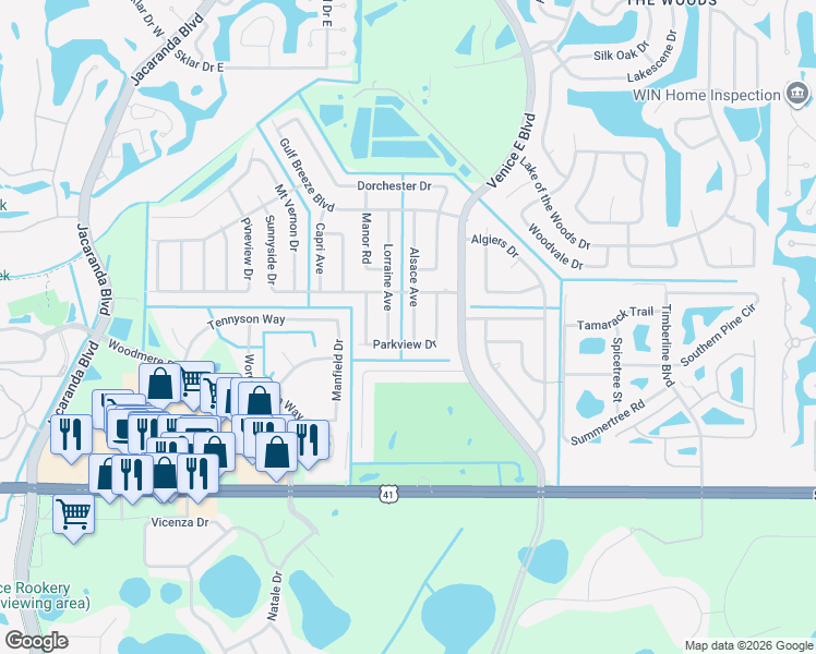map of restaurants, bars, coffee shops, grocery stores, and more near 217 Alsace Avenue in Venice