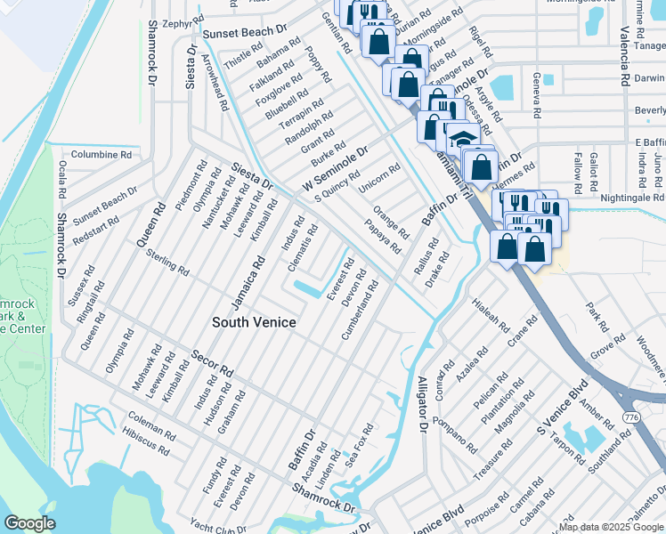 map of restaurants, bars, coffee shops, grocery stores, and more near 647 Roanoke Road in Venice