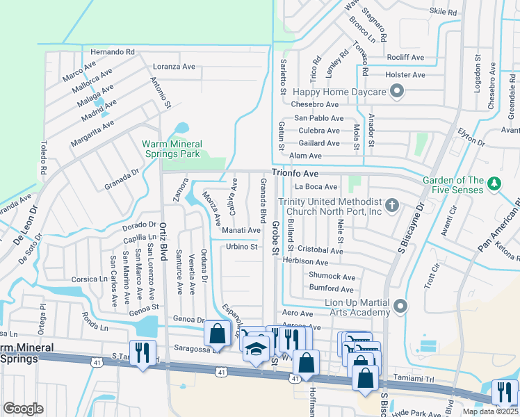 map of restaurants, bars, coffee shops, grocery stores, and more near 414 Granada Boulevard in North Port