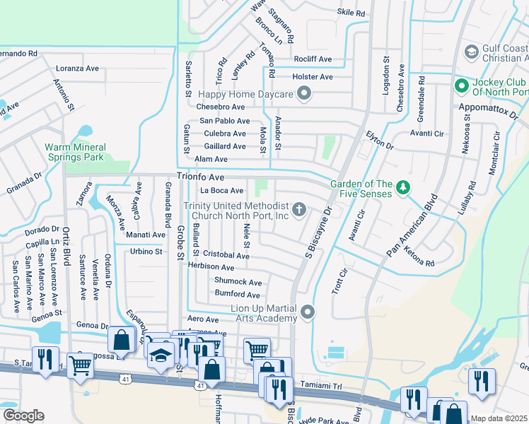 map of restaurants, bars, coffee shops, grocery stores, and more near 4396 Ancon Street in North Port
