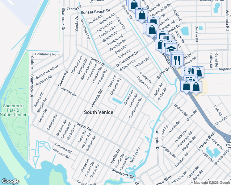 map of restaurants, bars, coffee shops, grocery stores, and more near 735 Clematis Road in Venice