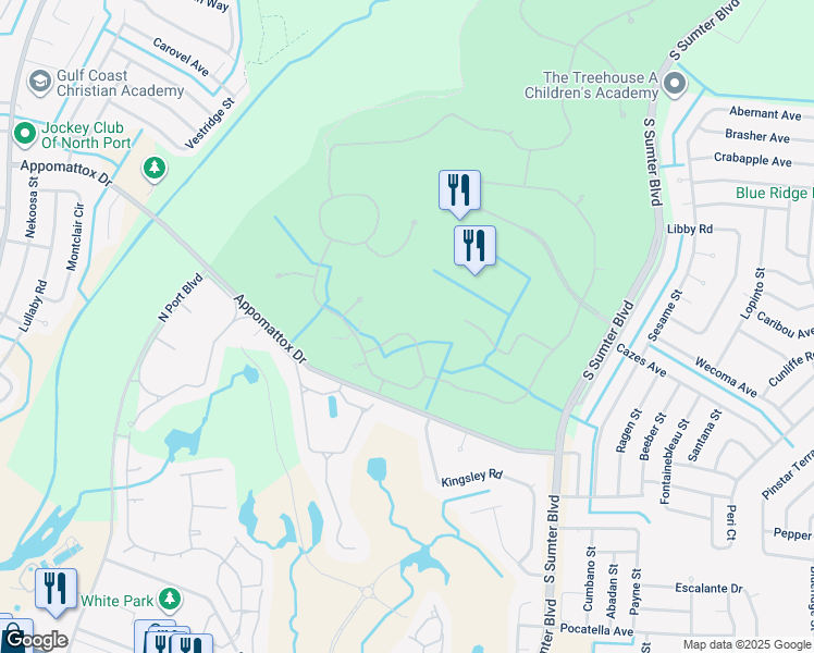 map of restaurants, bars, coffee shops, grocery stores, and more near 4455 Whispering Oaks Drive in North Port