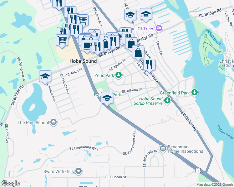 map of restaurants, bars, coffee shops, grocery stores, and more near 9141 Southeast Pomona Street in Hobe Sound