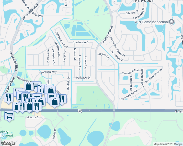 map of restaurants, bars, coffee shops, grocery stores, and more near 232 Parkview Drive in Venice
