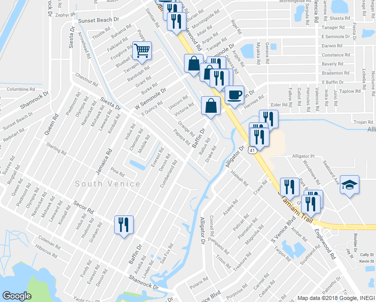 map of restaurants, bars, coffee shops, grocery stores, and more near 440 Baffin Drive in Venice
