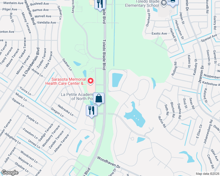 map of restaurants, bars, coffee shops, grocery stores, and more near 2189 Lynx Run in North Port