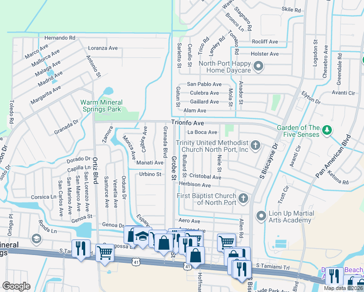 map of restaurants, bars, coffee shops, grocery stores, and more near 4361 Bullard Street in North Port