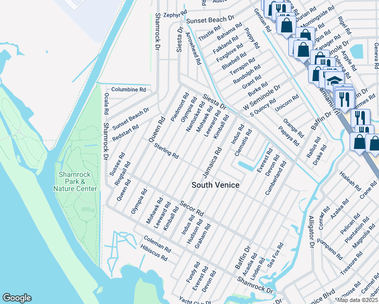 map of restaurants, bars, coffee shops, grocery stores, and more near 1031 Mohawk Road in Venice