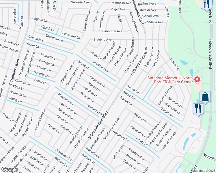 map of restaurants, bars, coffee shops, grocery stores, and more near 2166 Carpenter Lane in North Port