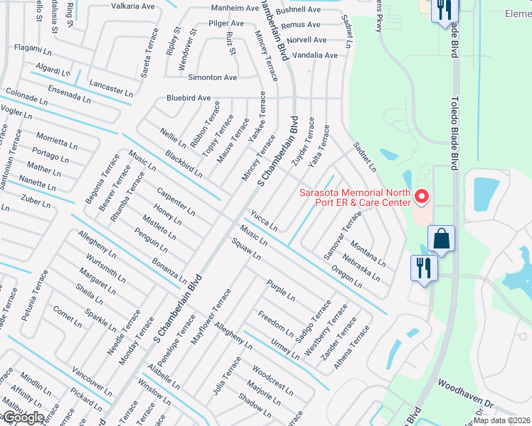map of restaurants, bars, coffee shops, grocery stores, and more near 2466 Zuyder Terrace in North Port