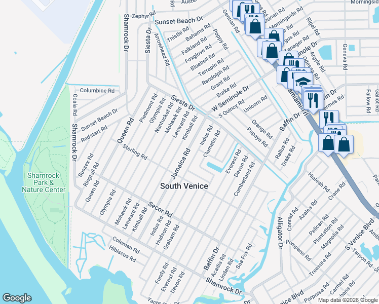 map of restaurants, bars, coffee shops, grocery stores, and more near 855 Jamaica Road in Venice