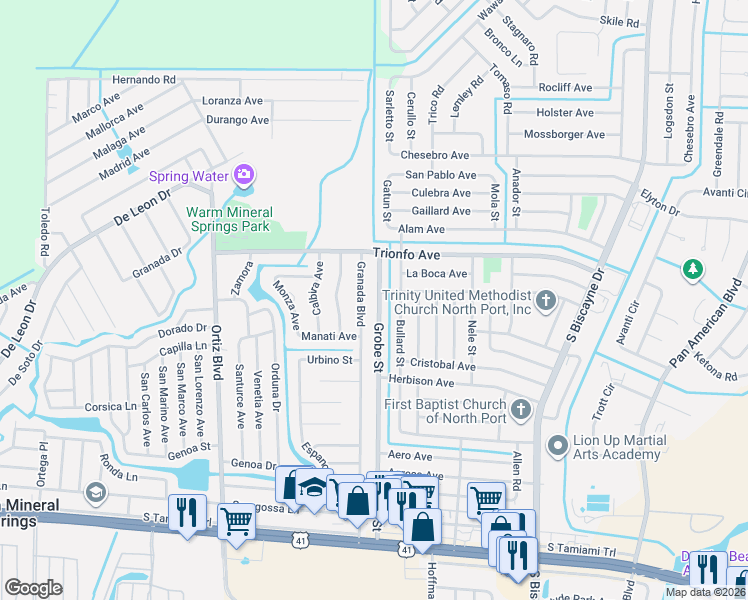 map of restaurants, bars, coffee shops, grocery stores, and more near 414 Granada Boulevard in North Port