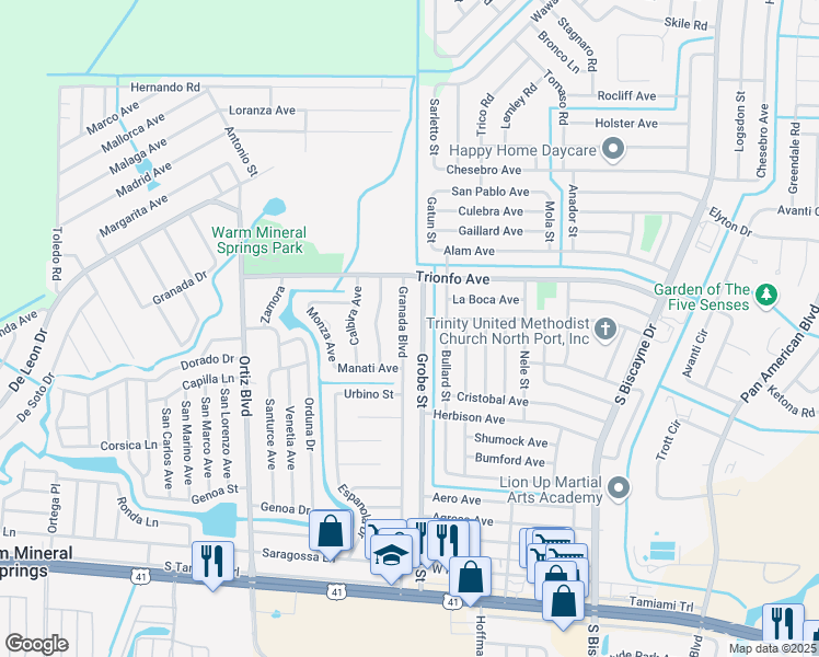 map of restaurants, bars, coffee shops, grocery stores, and more near 414 Granada Boulevard in North Port