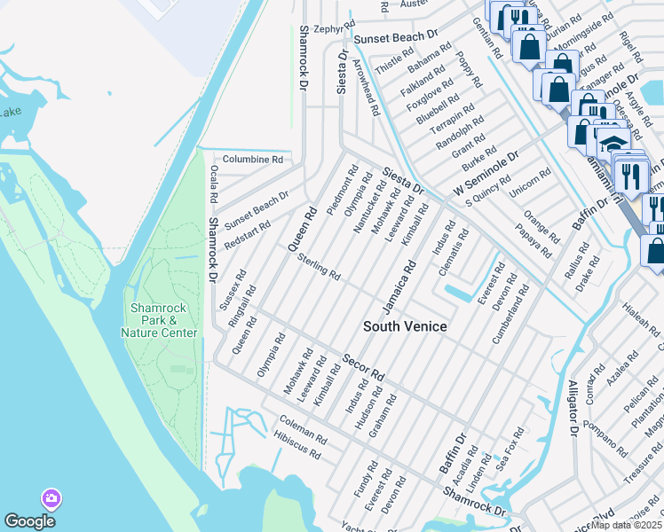 map of restaurants, bars, coffee shops, grocery stores, and more near 3531 Sterling Road in Venice
