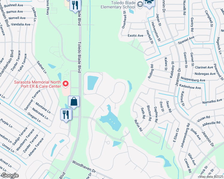 map of restaurants, bars, coffee shops, grocery stores, and more near 2298 Silver Palm Road in North Port