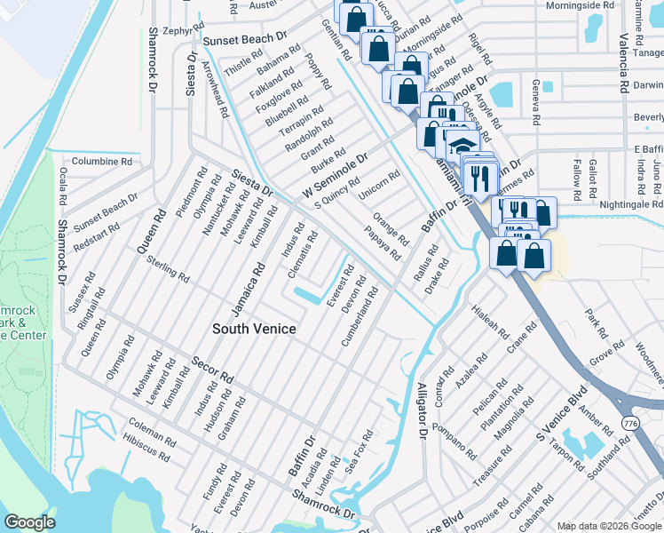 map of restaurants, bars, coffee shops, grocery stores, and more near 647 Roanoke Road in Venice