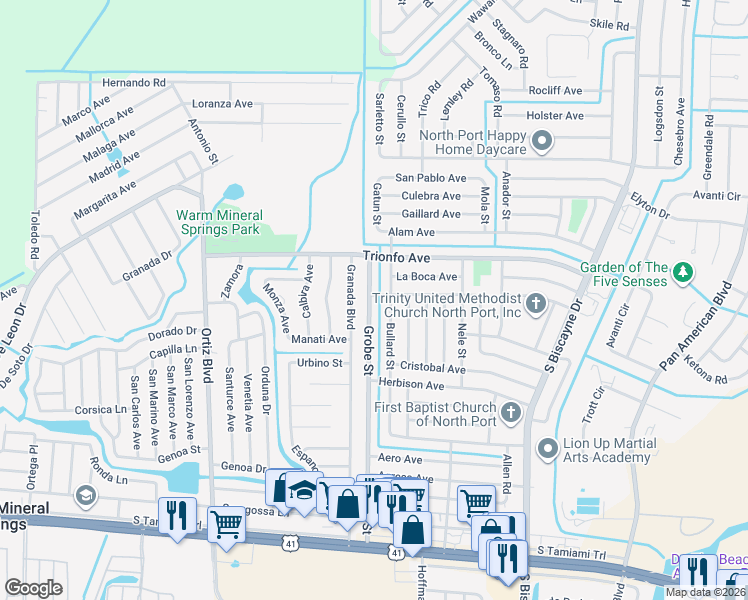 map of restaurants, bars, coffee shops, grocery stores, and more near 4361 Bullard Street in North Port