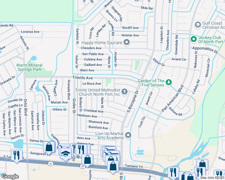 map of restaurants, bars, coffee shops, grocery stores, and more near 4396 Ancon Street in North Port