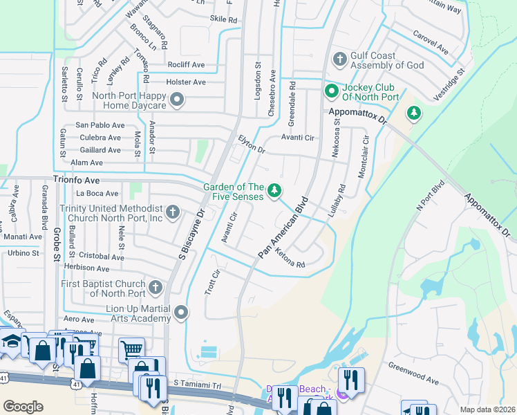 map of restaurants, bars, coffee shops, grocery stores, and more near 7178 Natchez Court in North Port
