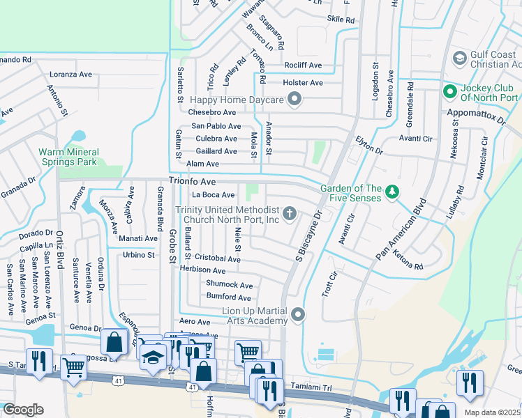 map of restaurants, bars, coffee shops, grocery stores, and more near 4396 Ancon Street in North Port