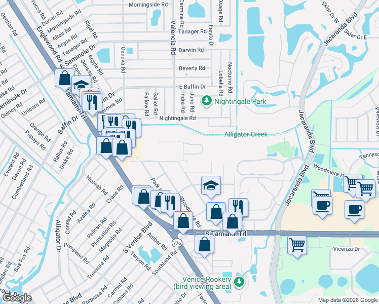 map of restaurants, bars, coffee shops, grocery stores, and more near 2201 Seaboard Avenue in Venice