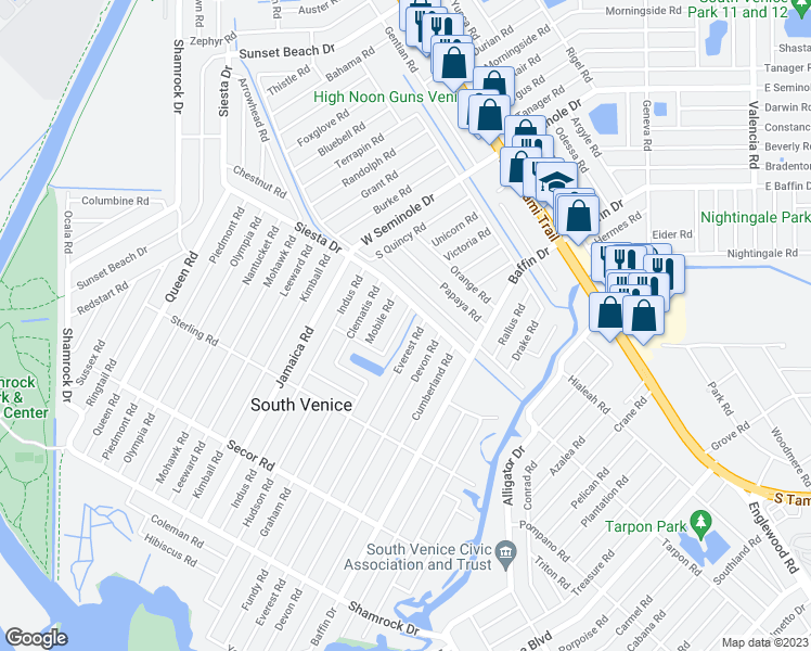 map of restaurants, bars, coffee shops, grocery stores, and more near 615 Roanoke Road in Venice