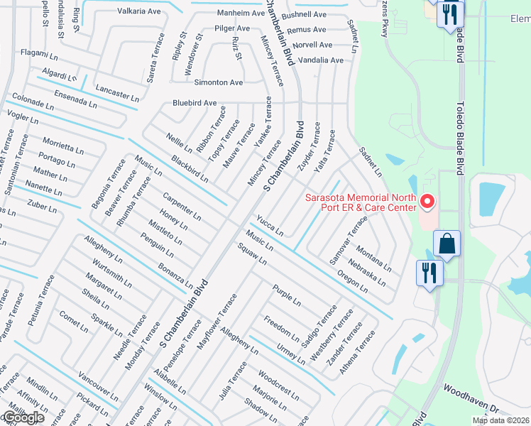 map of restaurants, bars, coffee shops, grocery stores, and more near 2466 Zuyder Terrace in North Port