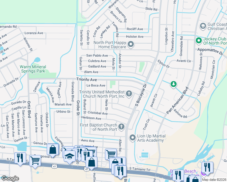 map of restaurants, bars, coffee shops, grocery stores, and more near 4396 Ancon Street in North Port