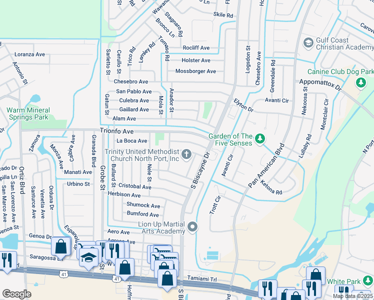map of restaurants, bars, coffee shops, grocery stores, and more near 8161 Porto Chico Avenue in North Port