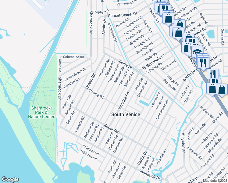map of restaurants, bars, coffee shops, grocery stores, and more near 1031 Mohawk Road in Venice