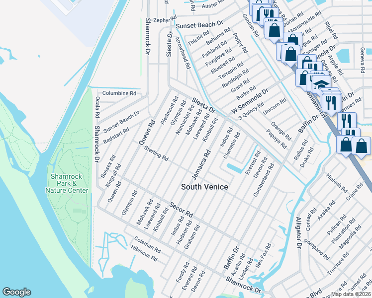 map of restaurants, bars, coffee shops, grocery stores, and more near 1031 Mohawk Road in Venice