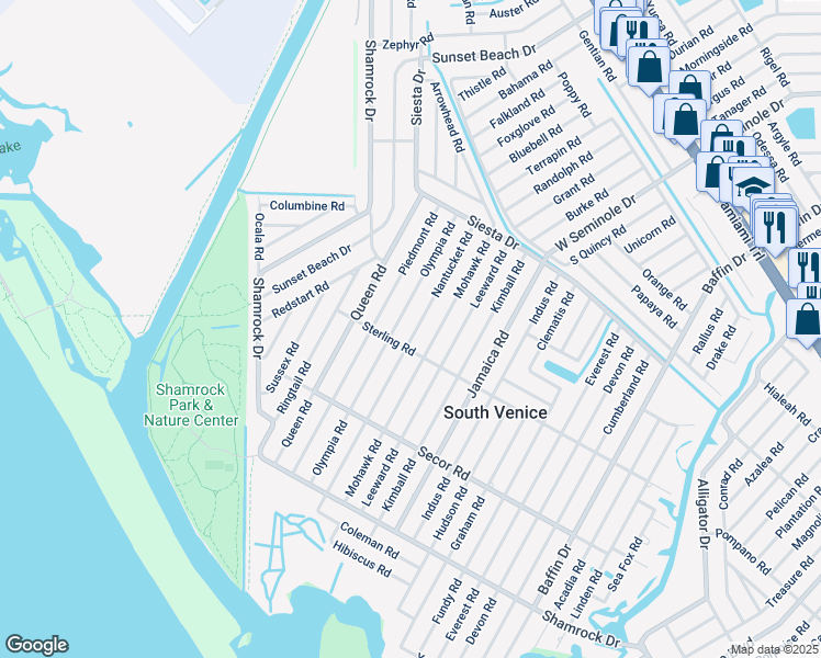 map of restaurants, bars, coffee shops, grocery stores, and more near 3531 Sterling Road in Venice