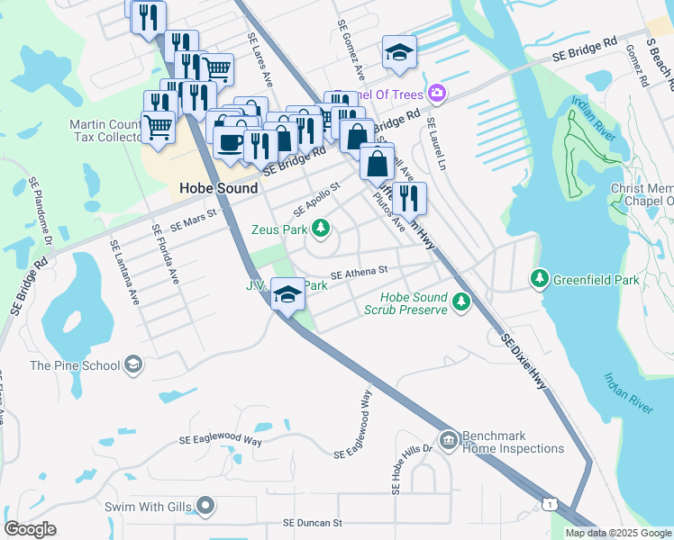 map of restaurants, bars, coffee shops, grocery stores, and more near 9141 Southeast Pomona Street in Hobe Sound