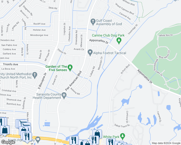 map of restaurants, bars, coffee shops, grocery stores, and more near 3945 Lullaby Road in North Port