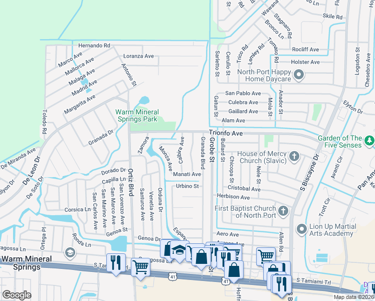 map of restaurants, bars, coffee shops, grocery stores, and more near 420 San Miguel Avenue in North Port