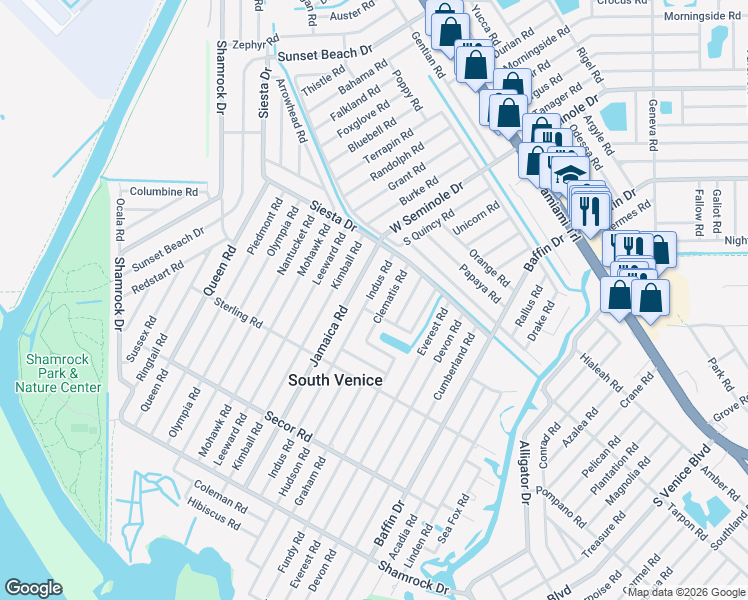 map of restaurants, bars, coffee shops, grocery stores, and more near 735 Clematis Road in Venice