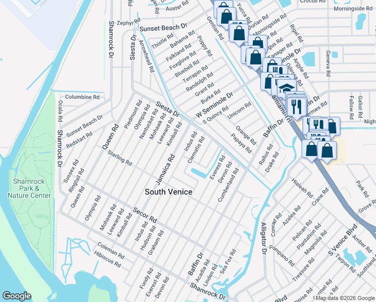 map of restaurants, bars, coffee shops, grocery stores, and more near 735 Clematis Road in Venice