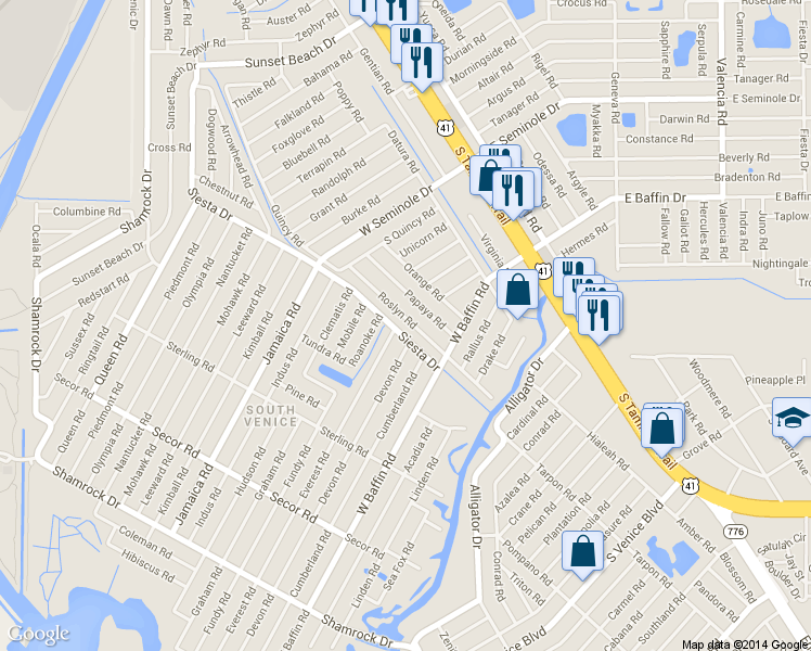 map of restaurants, bars, coffee shops, grocery stores, and more near 3433 Roslyn Road in Venice
