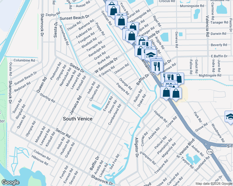 map of restaurants, bars, coffee shops, grocery stores, and more near 3433 Roslyn Road in Venice