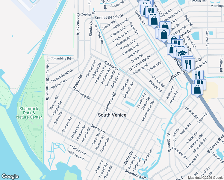 map of restaurants, bars, coffee shops, grocery stores, and more near 856 Leeward Road in Venice
