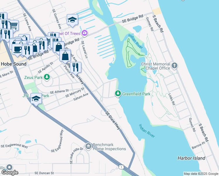 map of restaurants, bars, coffee shops, grocery stores, and more near 12000 Southeast Heckler Drive in Hobe Sound