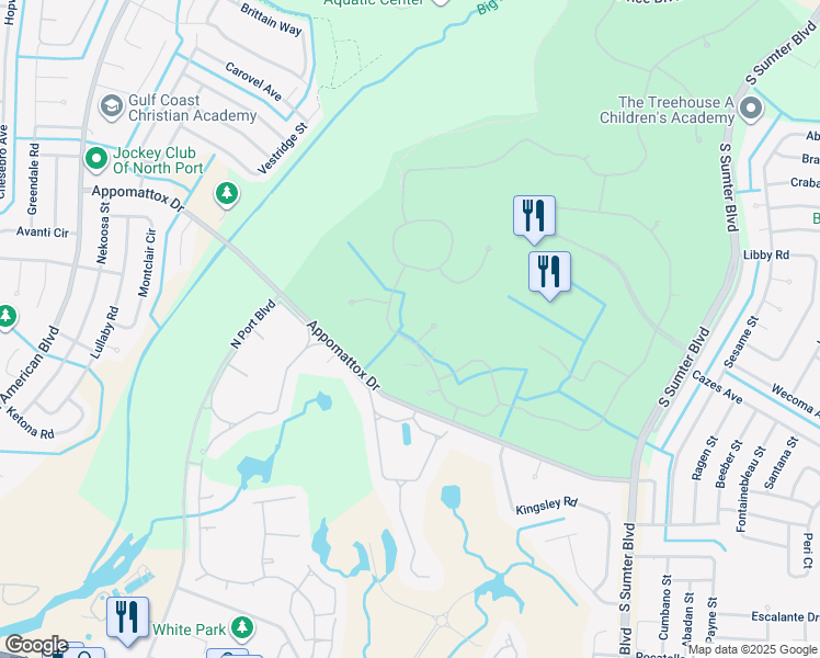 map of restaurants, bars, coffee shops, grocery stores, and more near 5704 Whispering Oaks Drive in North Port