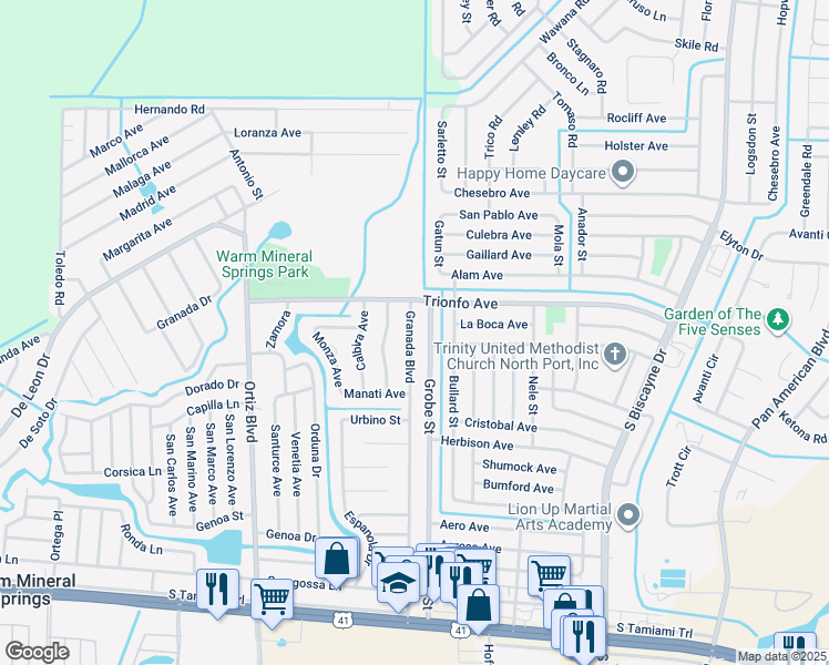map of restaurants, bars, coffee shops, grocery stores, and more near 448 Granada Boulevard in North Port