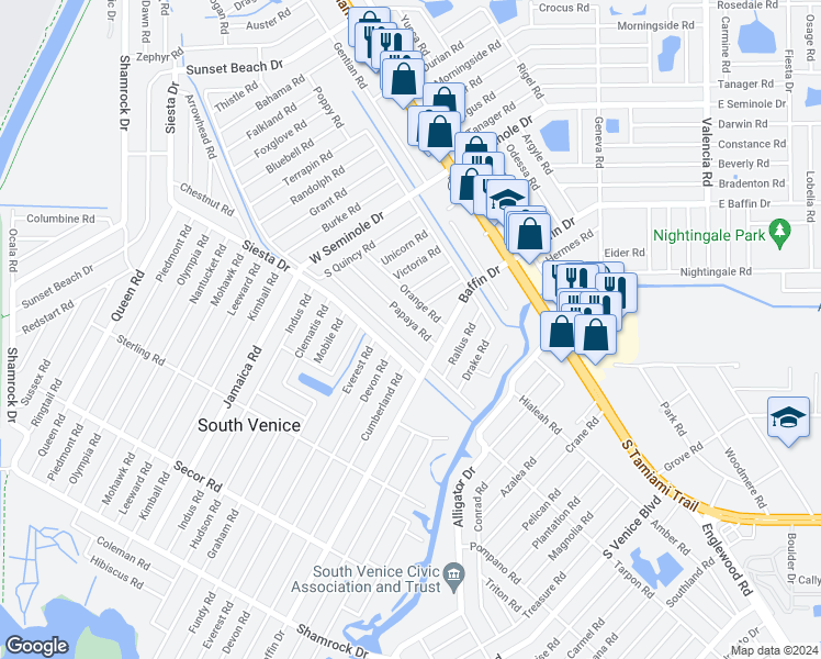 map of restaurants, bars, coffee shops, grocery stores, and more near 3460 Papaya Road in Venice