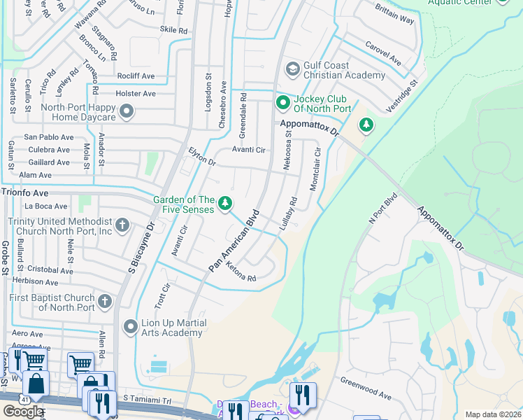map of restaurants, bars, coffee shops, grocery stores, and more near 3950 Pan American Boulevard in North Port