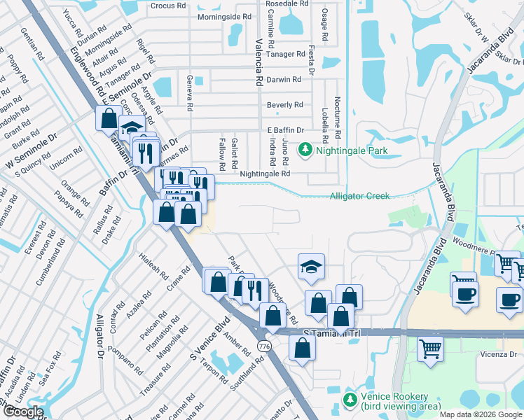 map of restaurants, bars, coffee shops, grocery stores, and more near 552 Nightingale Rd in Venice