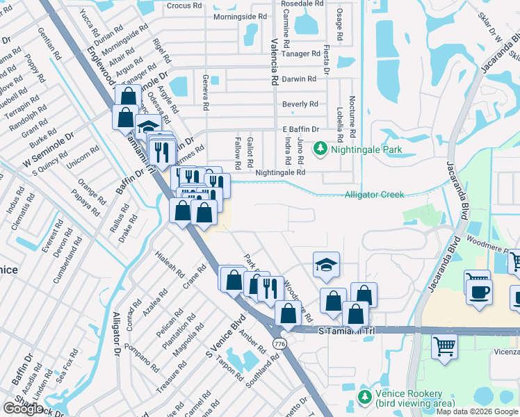 map of restaurants, bars, coffee shops, grocery stores, and more near 450 Nightingale Road in Venice